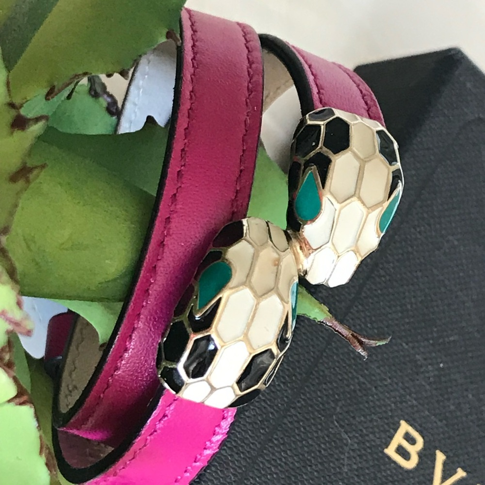 BVLGARI leather & enamel double coil warp Bracelet